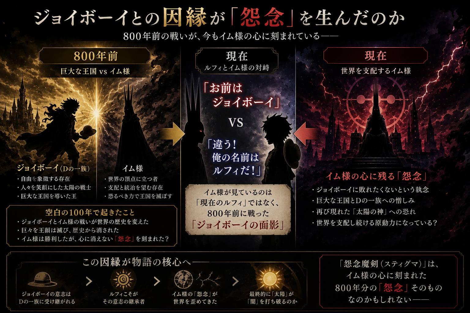 イム様がルフィをジョイボーイと呼び続ける理由には、800年前から続く因縁が関係しているのかもしれません。